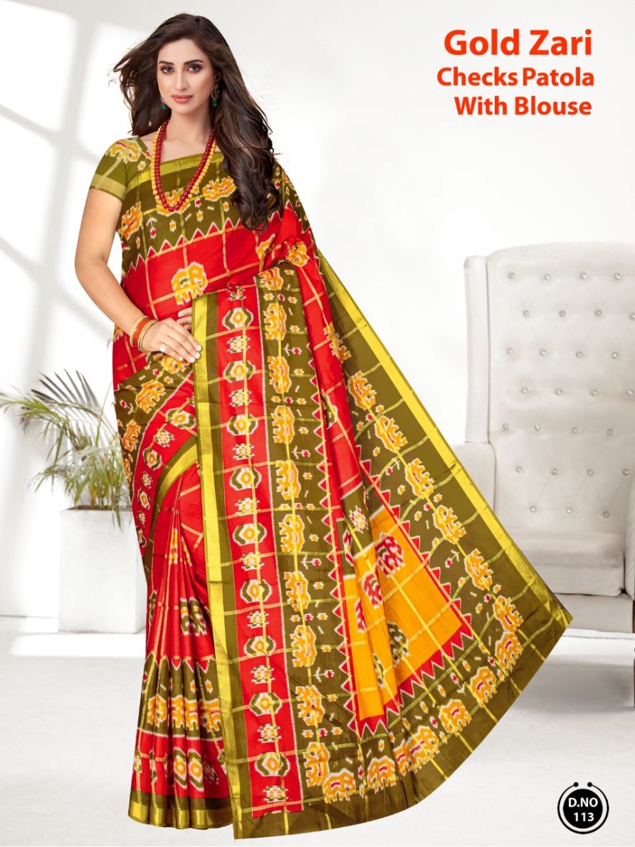 Gold Zari Checks Patola Ethnic Wear Cotton Printed Saree Collection